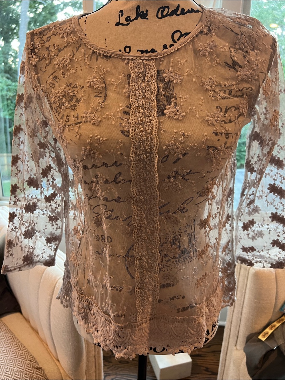 hinge Sheer Lace-Embroidered Blouse in Taupe